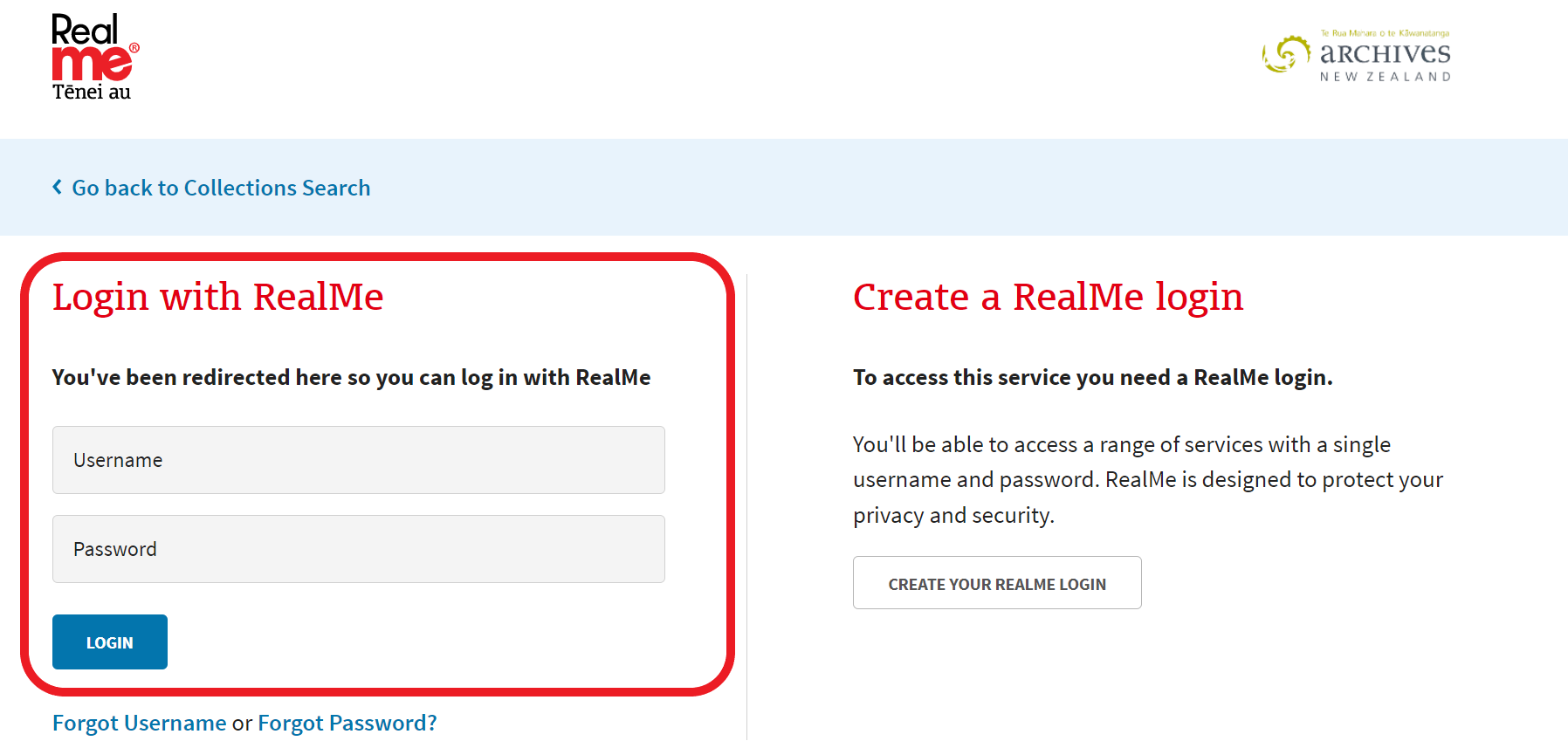 Image showing RealMe login screen for users who already have an account. 