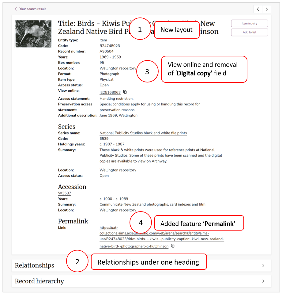 Details page for an item titled “Birds – Kiwis Publicity Caption.” The layout shows metadata such as entity type, record number, years, location, format, and access status. Highlights indicate changes: new layout, relationships grouped under one heading, removal of ‘Digital copy’ field with a “View online” link, and added “Permalink” feature.