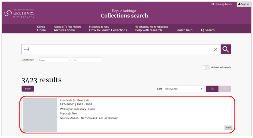 Archives New Zealand Collections search page showing 3,423 results for “kiwi.” The first result, “Kiwi Vids for Kiwi Kids,” is highlighted in a red box with details including repository, years, and agency.