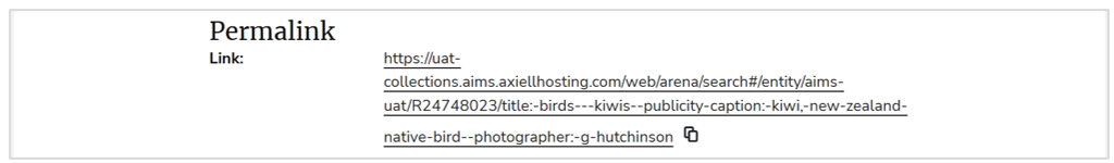 Permalink section showing a link field with a long URL for the item “Birds – Kiwis Publicity Caption.” A copy icon appears next to the link.